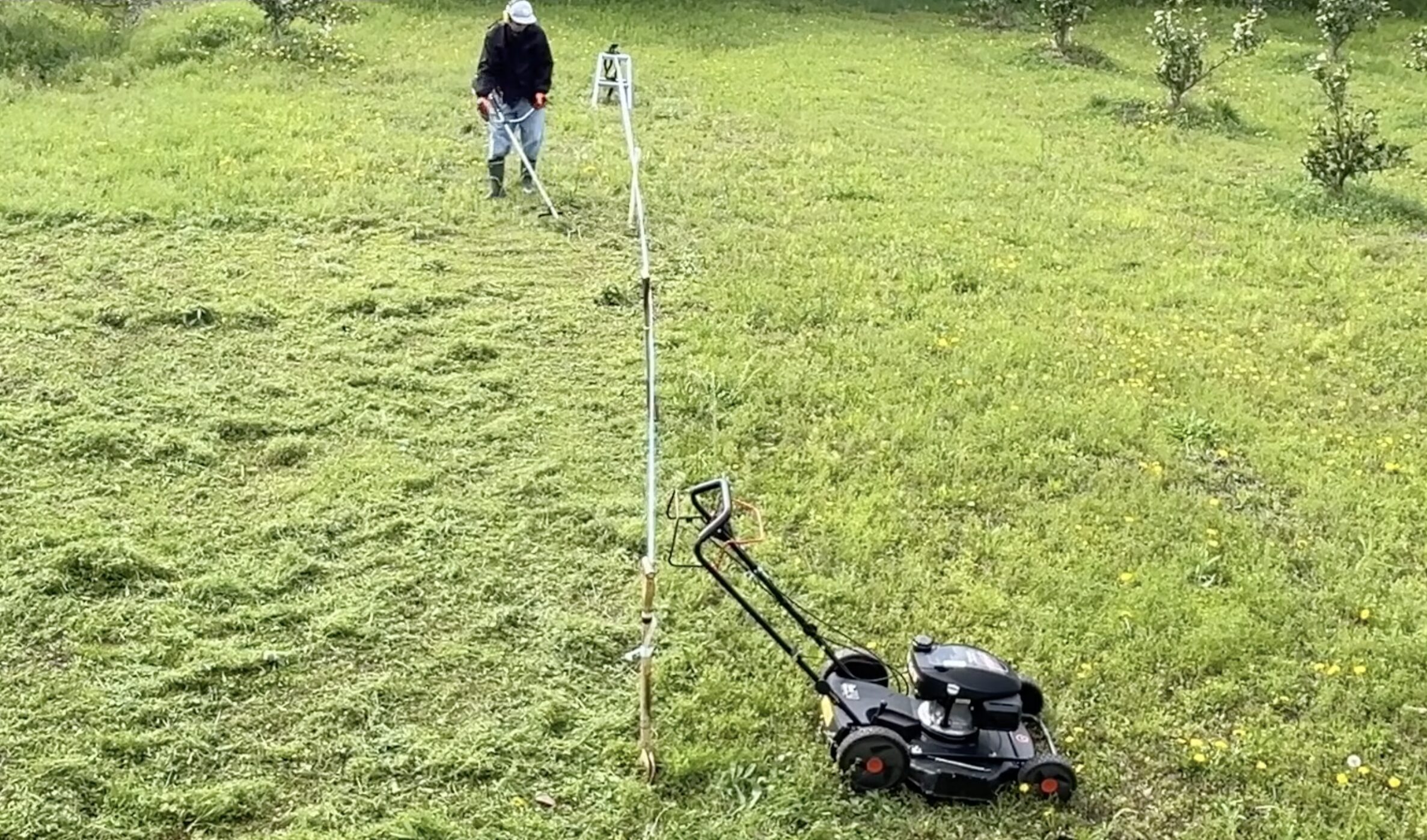 自走式草刈り機で広い草地を刈っている画像